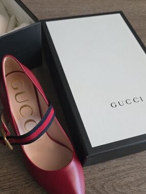 Gucci Red Leather Mary Jane with Navy-Red Web Strap